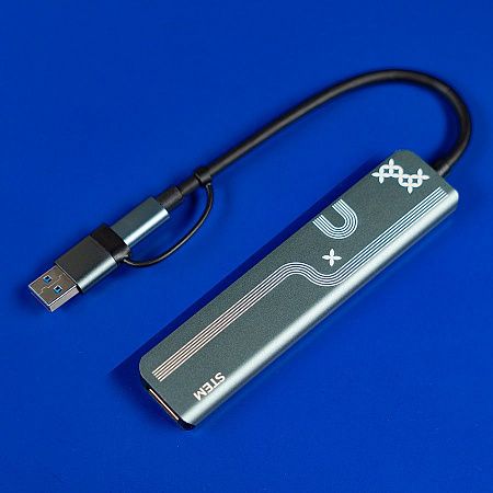 USB-хаб STEM 7 в 1, серый, алюминий